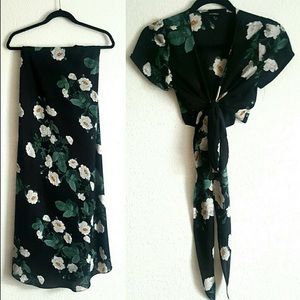 Olivaceous floral rose print wrap top & maxi skirt